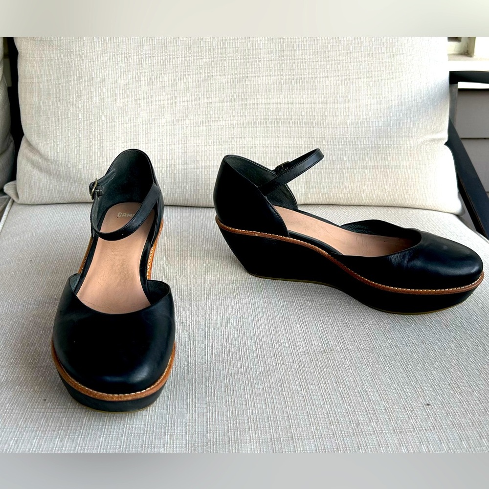 Camper Black Leather Mary Jane Platform Wedges 9/41